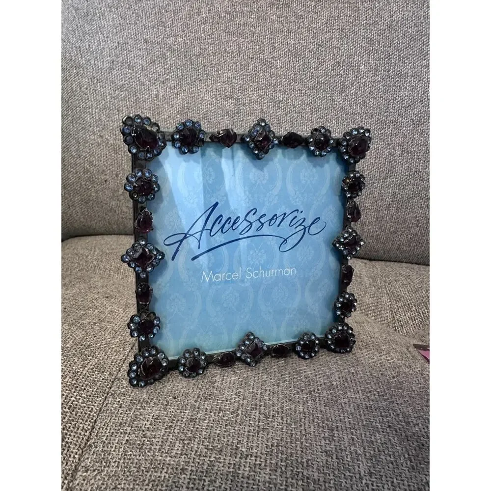 Vintage Marcel Schurman Rhinestone Flower Picture Photo Frame Blue Purple Metal